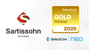 Weisser Hintergrund und Logos von Sartissohn Software, Fachhändler für Unternehmen in Niedersachsen und Logo SelectLine Gold Partner 2026 und SelectLine neo