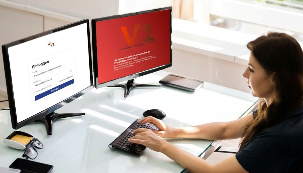 Mitarbeitende in der Buchhaltung loggt sich am Computer ein in die Software V1 zur Erstellung einer GoBD-konforme Verfahrensdokumentation 