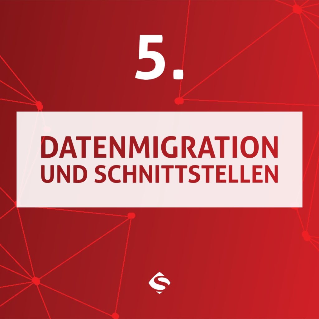 SelectLine ERP Einführung Grafik sieben Phasen 5. Phase Datenmigration und Schnittstellen auf rotem Hintergrund