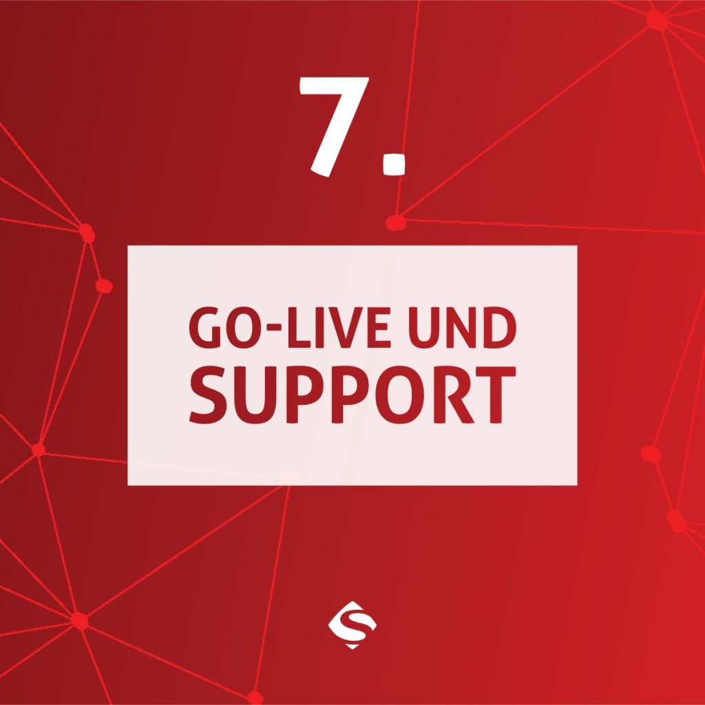 SelectLine ERP Einführung Grafik sieben Phasen 7. und letzte Phase Go-Live und Support auf rotem Hintergrund