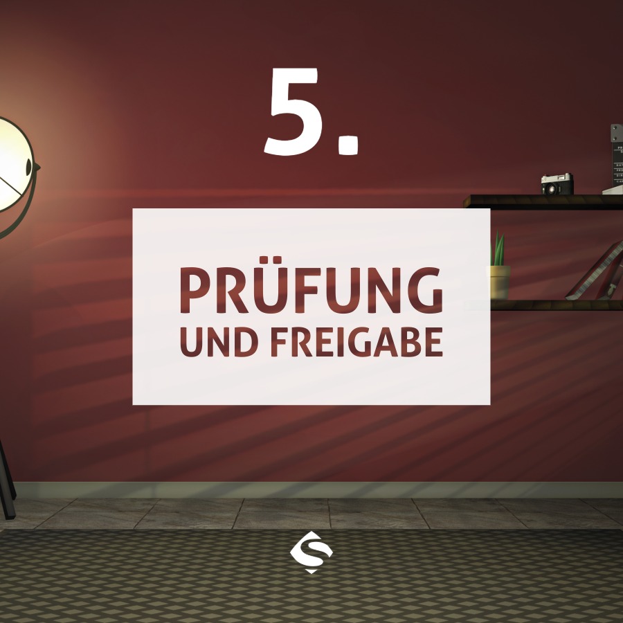 Bild mit Grafik zur Schritt-für-Schritt-Anleitung zur effizienten Umsetzung einer Verfahrensdokumentation von Sartissohn Software. Schritt 5: Prüfung und Freigabe