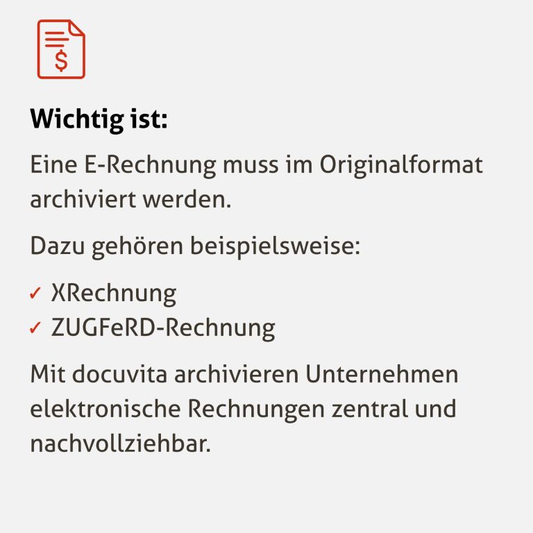 E-Rechnung Archivierung mit docuvita für XRechnung und ZUGFeRD. Elektronische Rechnungen werden revisionssicher, GoBD-konform und im Originalformat archiviert.